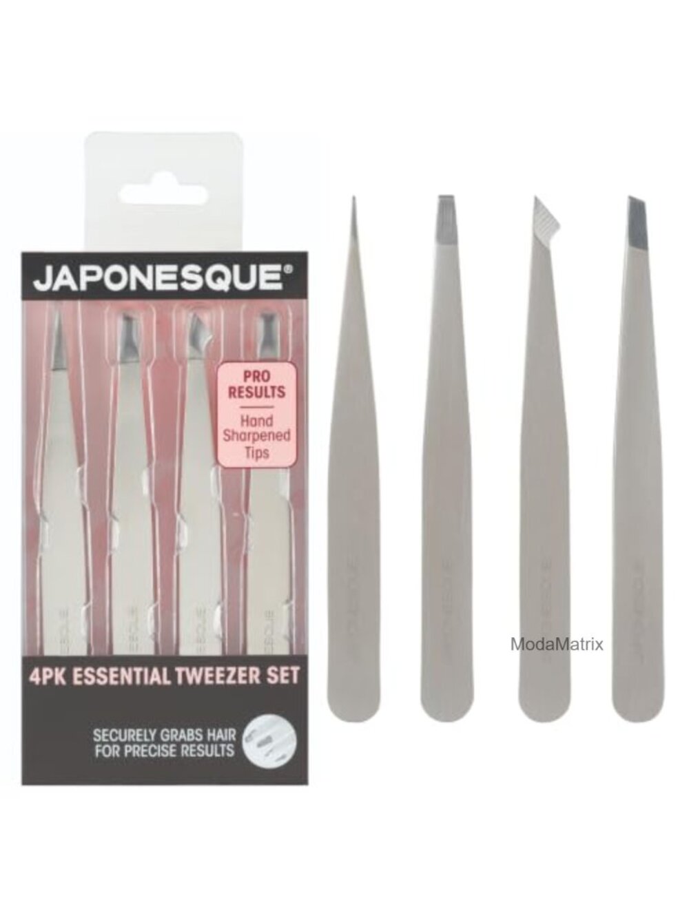 Japonesque 4 PC Precision Tweezer Set Slant Point Square Stainless Steel